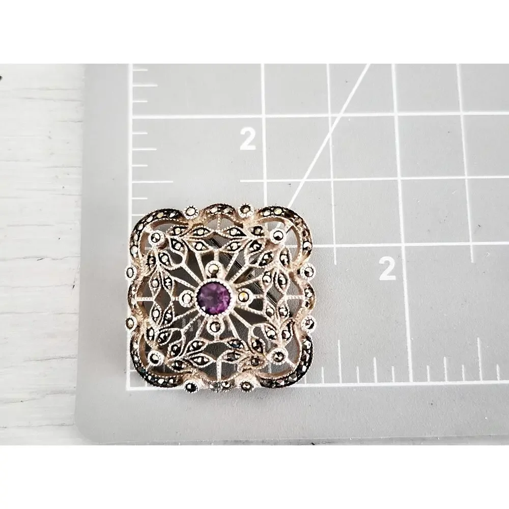 Vintage Judith Jack Sterling Silver Amethyst & Marcasite Brooch Pendant